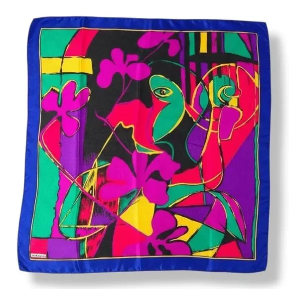Vintage 90s Abstract Printed Silk Scarf Bold Colorful Artsy Square Wrap Purple - Picture 2 of 8